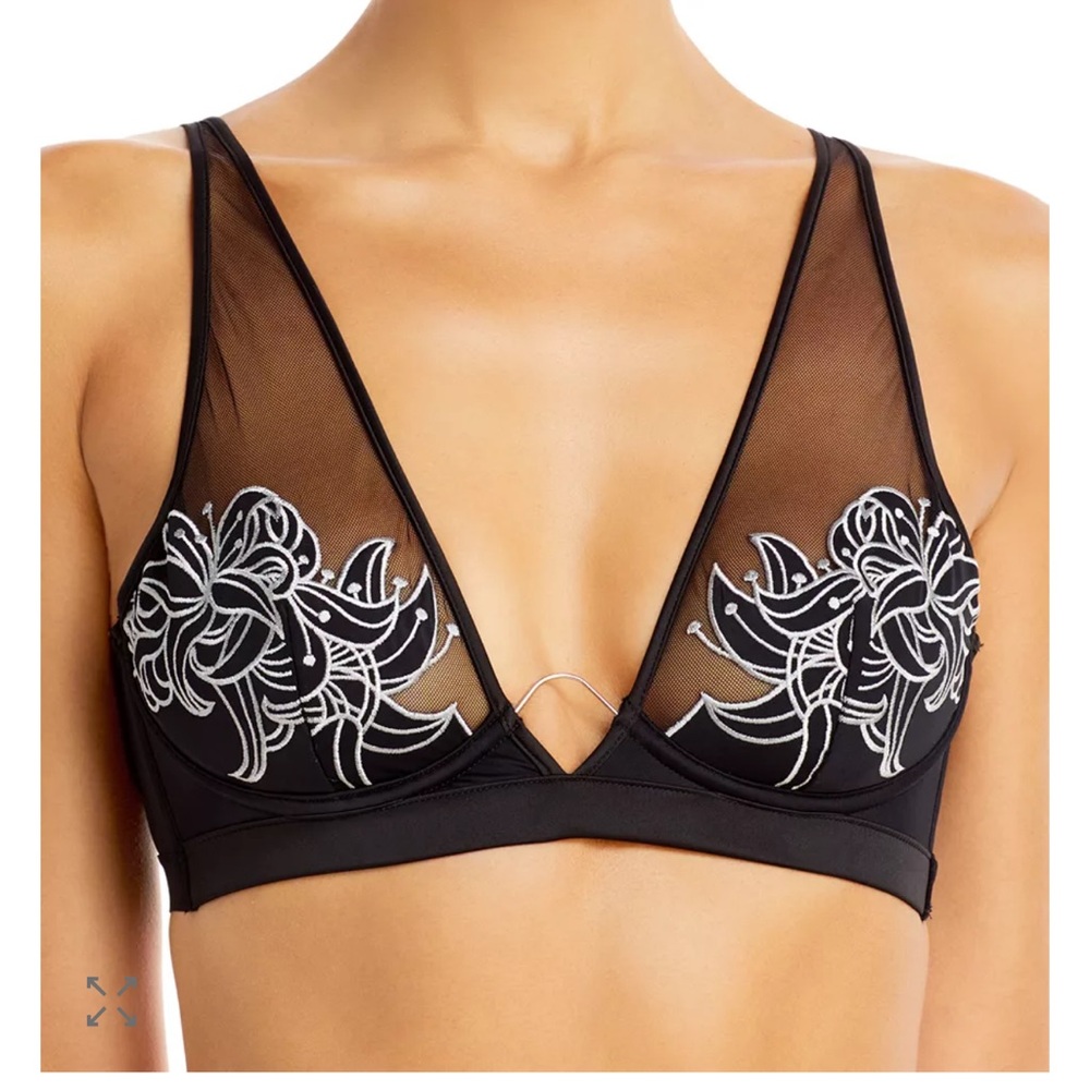 Thistle and Spire Black Mesh Bralette with White Embroidery